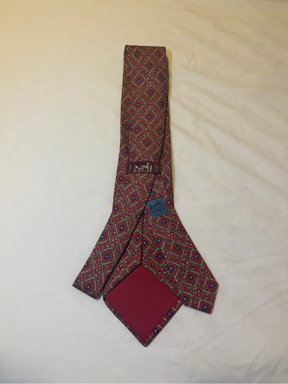 Hermes Burgundy Silk Geometric Medallion Tie with Blue & Green Floral Details